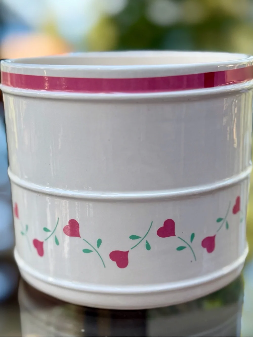 White Ceramic Planter with Pink Heart Vine Accent